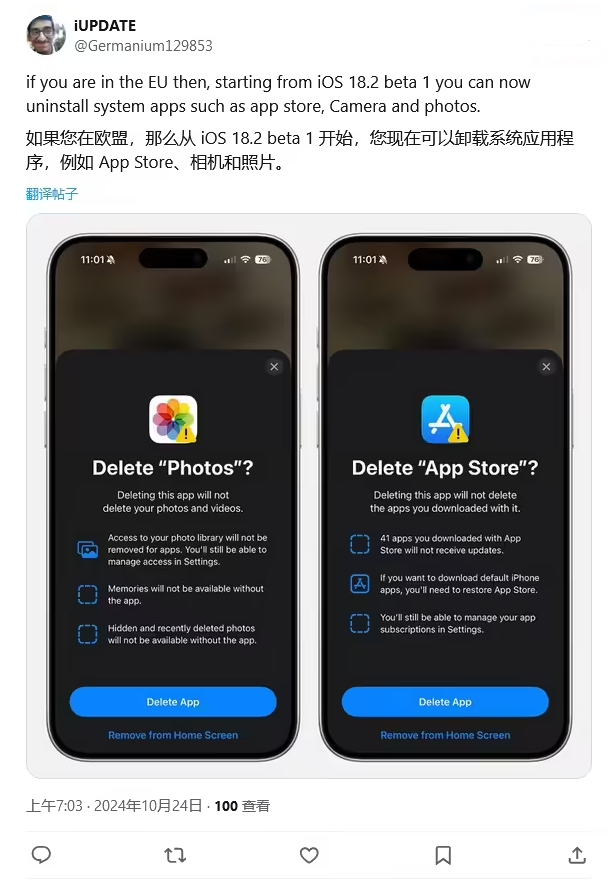 东昌府苹果手机维修分享iOS 18.2 支持删除 App Store 应用商店 