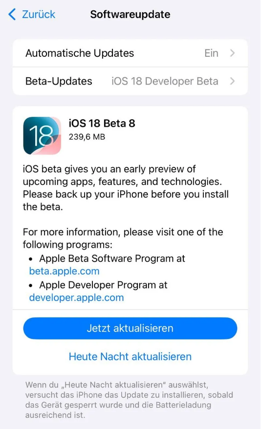 东昌府苹果手机维修分享苹果 iOS / iPadOS 18 开发者预览版 Beta 8 发布 